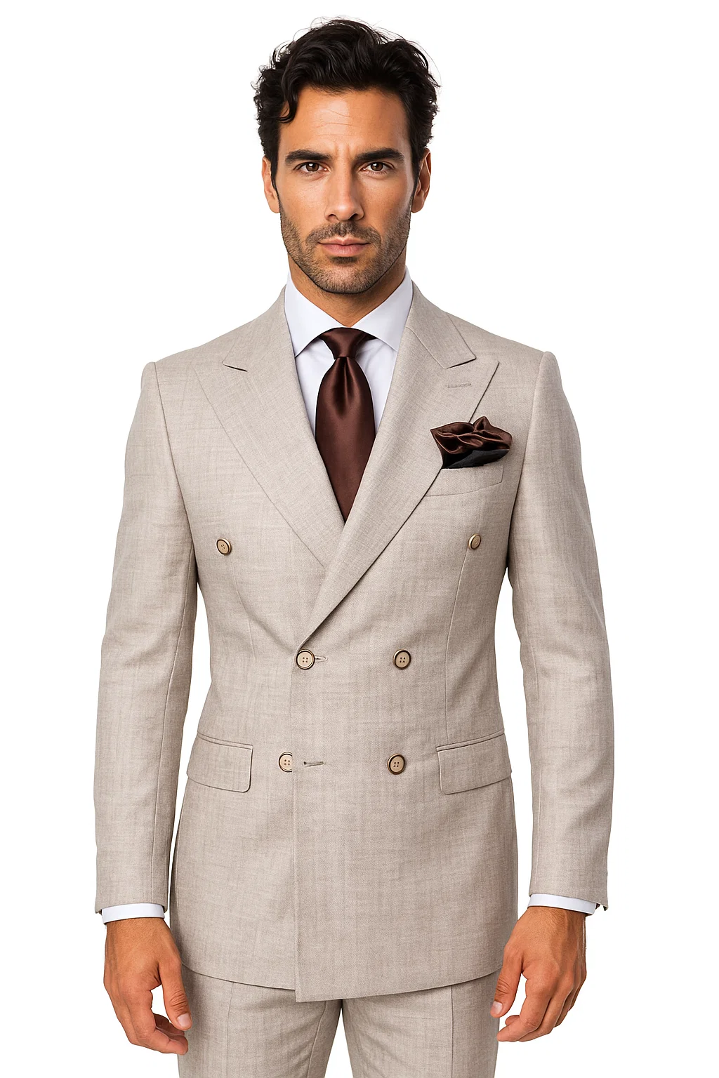 Suits With Baggy Pleated Pants - Wide Leg Pants 100% Wool - Classic Fit in Light Brown Color by Rossiman - 38 Regular