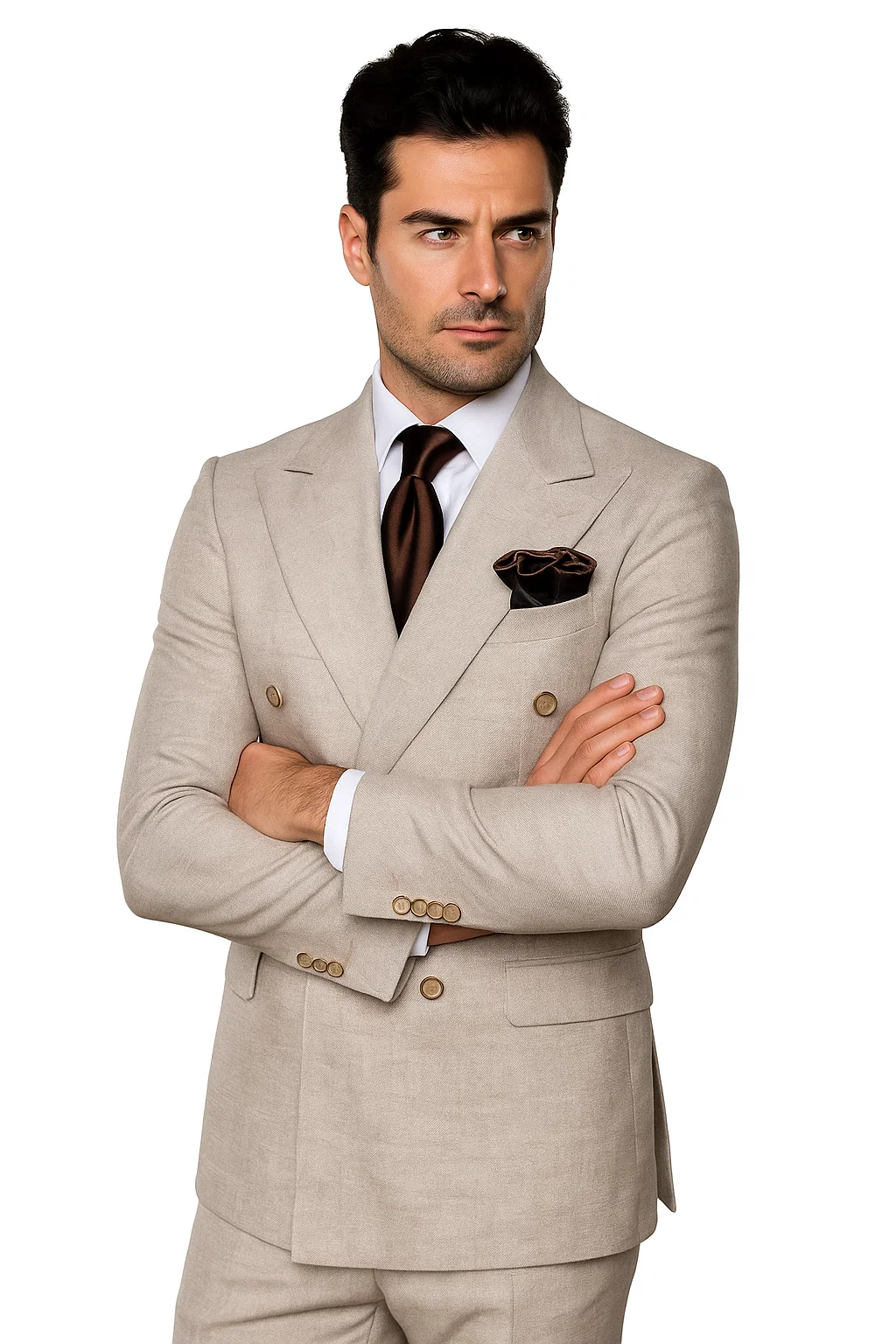 Suits With Baggy Pleated Pants - Wide Leg Pants 100% Wool - Classic Fit in Light Brown Color by Rossiman - 38 Regular