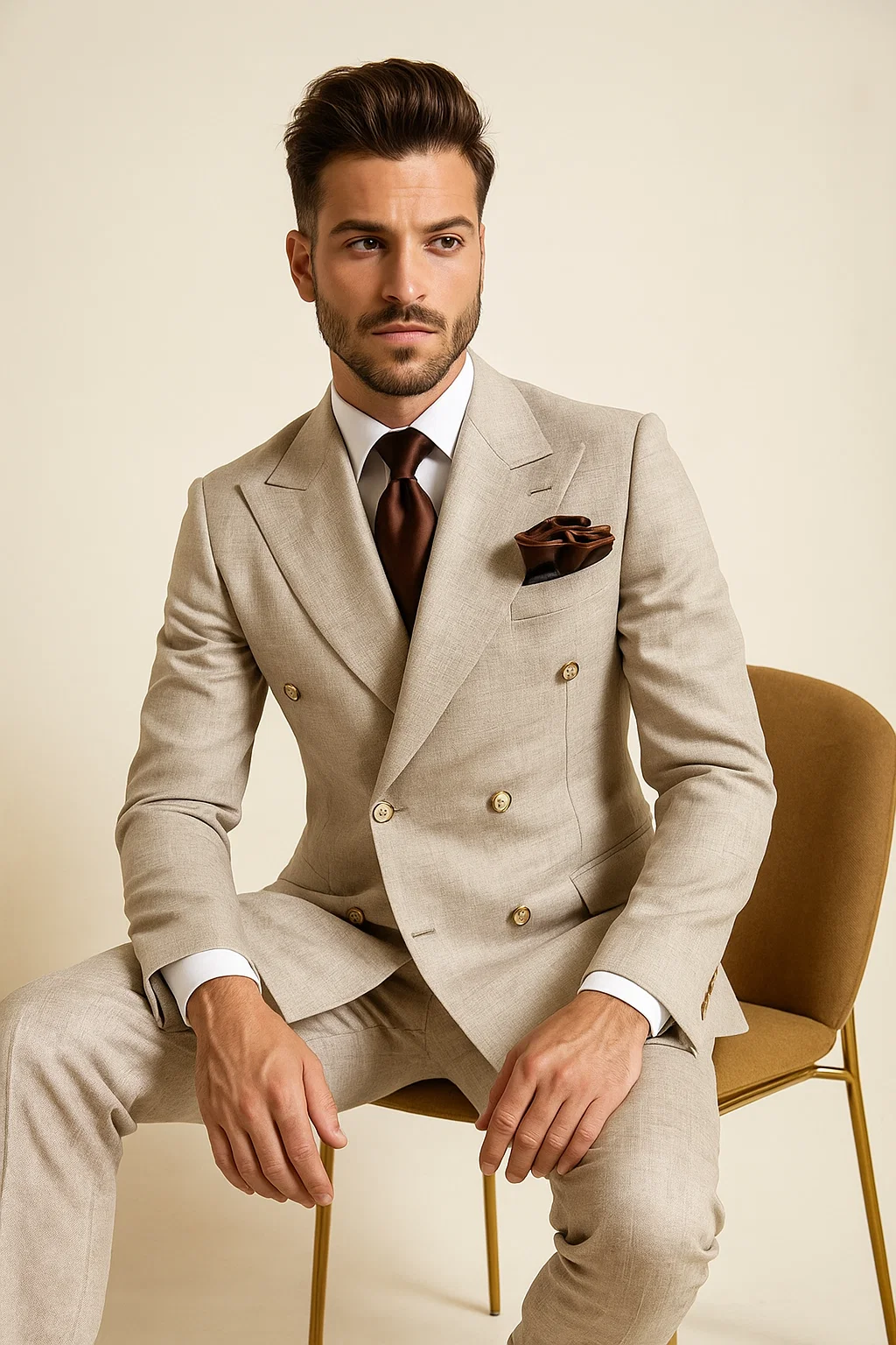 Suits With Baggy Pleated Pants - Wide Leg Pants 100% Wool - Classic Fit in Light Brown Color by Rossiman - 38 Regular