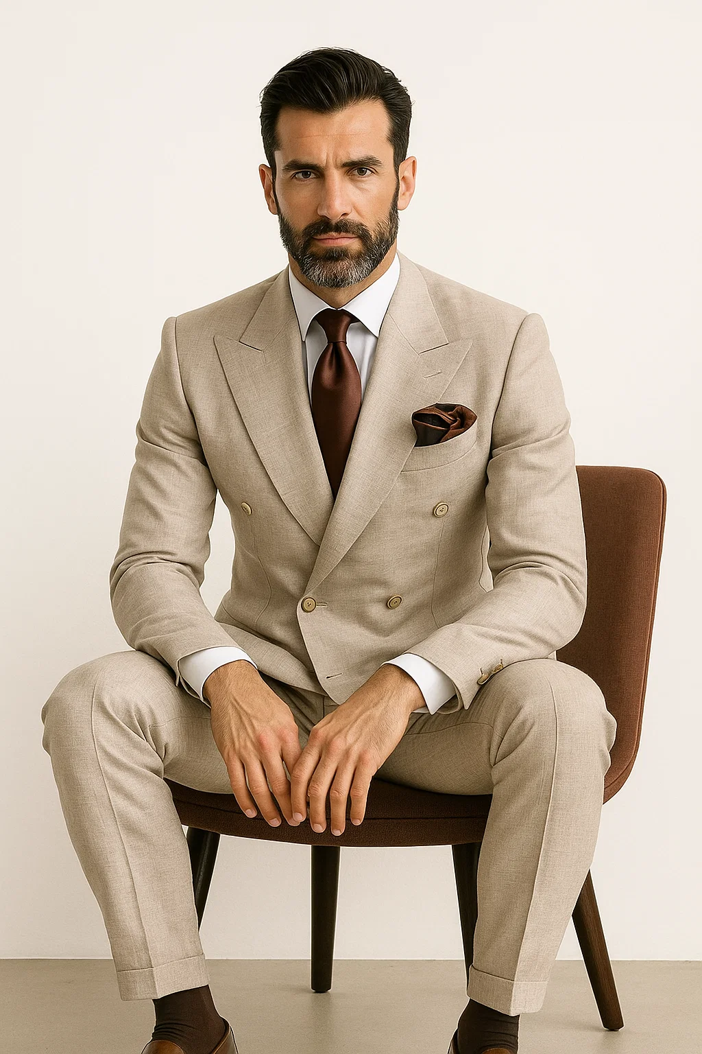 Suits With Baggy Pleated Pants - Wide Leg Pants 100% Wool - Classic Fit in Light Brown Color by Rossiman - 38 Regular