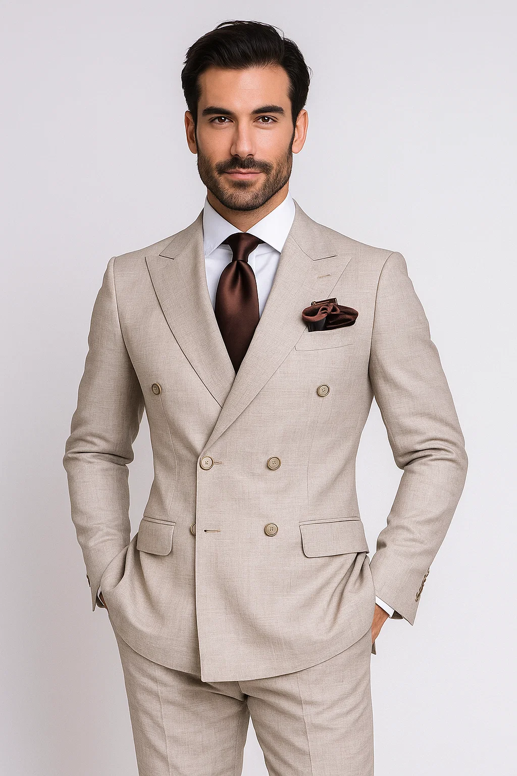 Suits With Baggy Pleated Pants - Wide Leg Pants 100% Wool - Classic Fit in Light Brown Color by Rossiman - 38 Regular