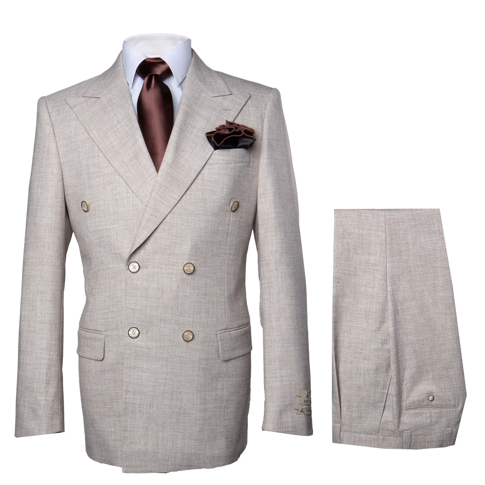 Suits With Baggy Pleated Pants - Wide Leg Pants 100% Wool - Classic Fit in Light Brown Color by Rossiman - 38 Regular