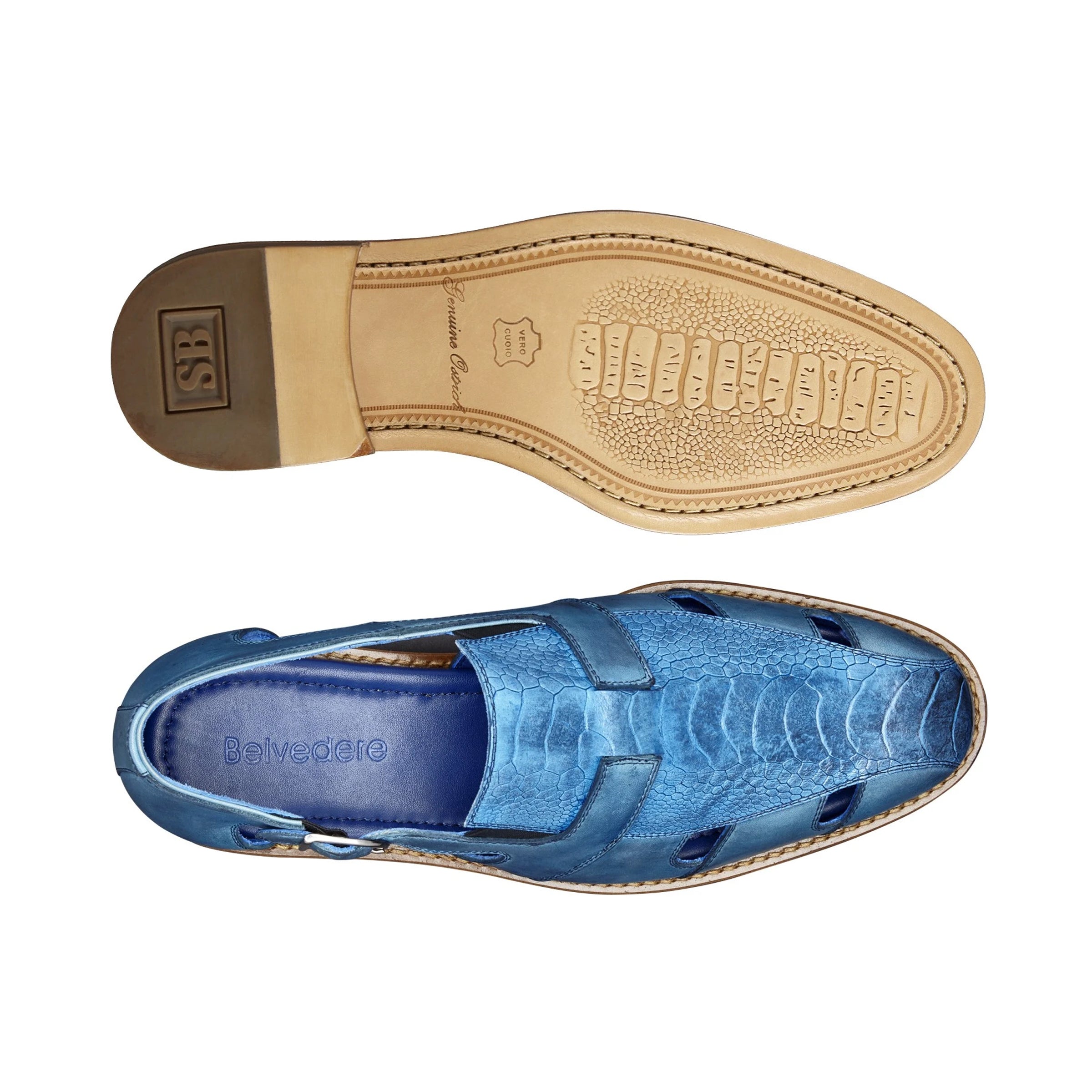 Mens Belvedere Connors Italian Calf & Ostrich Sandal in Blue - 9