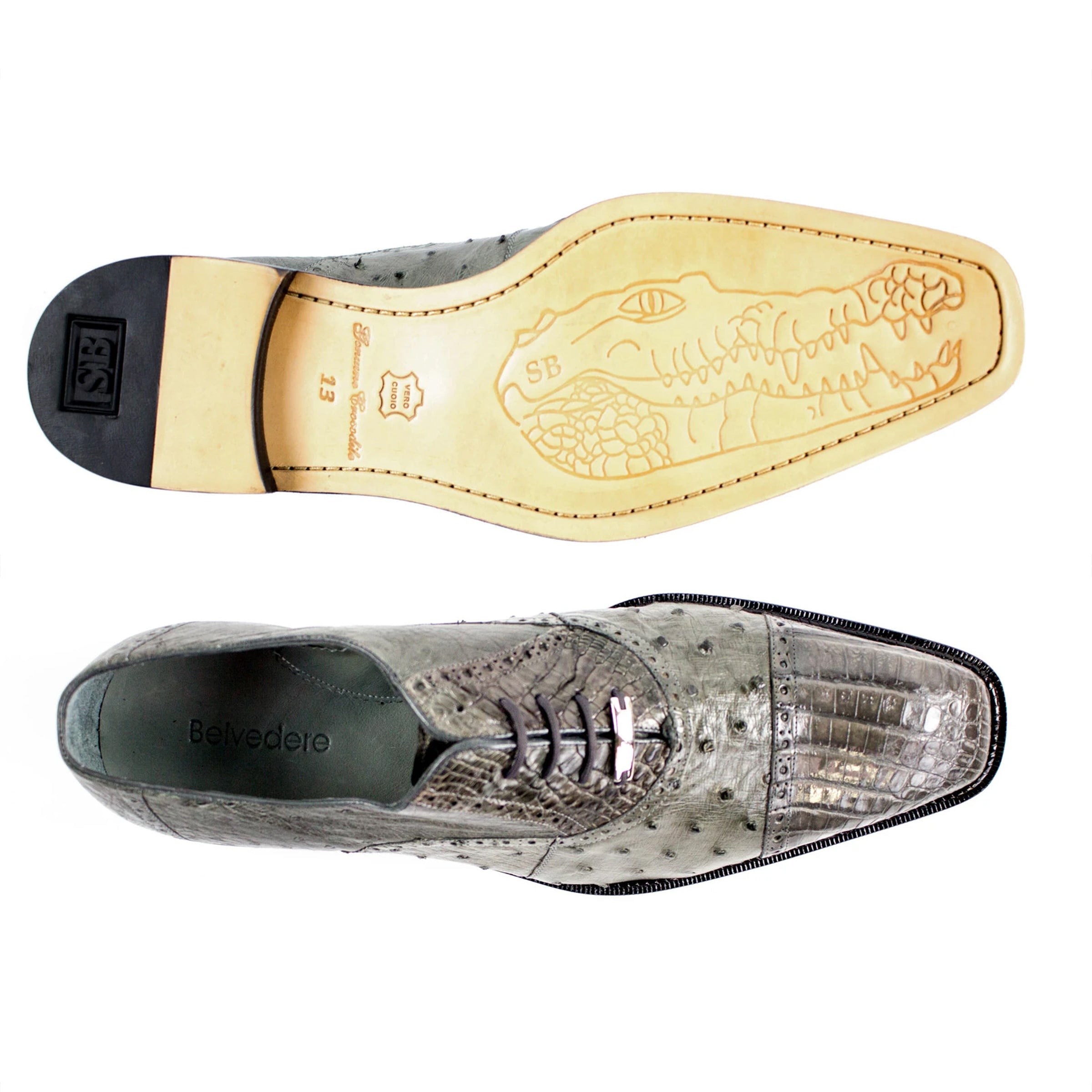 Mens Belvedere Onesto Ostrich & Caiman Crocodile Dress Shoe in Black - 8.5