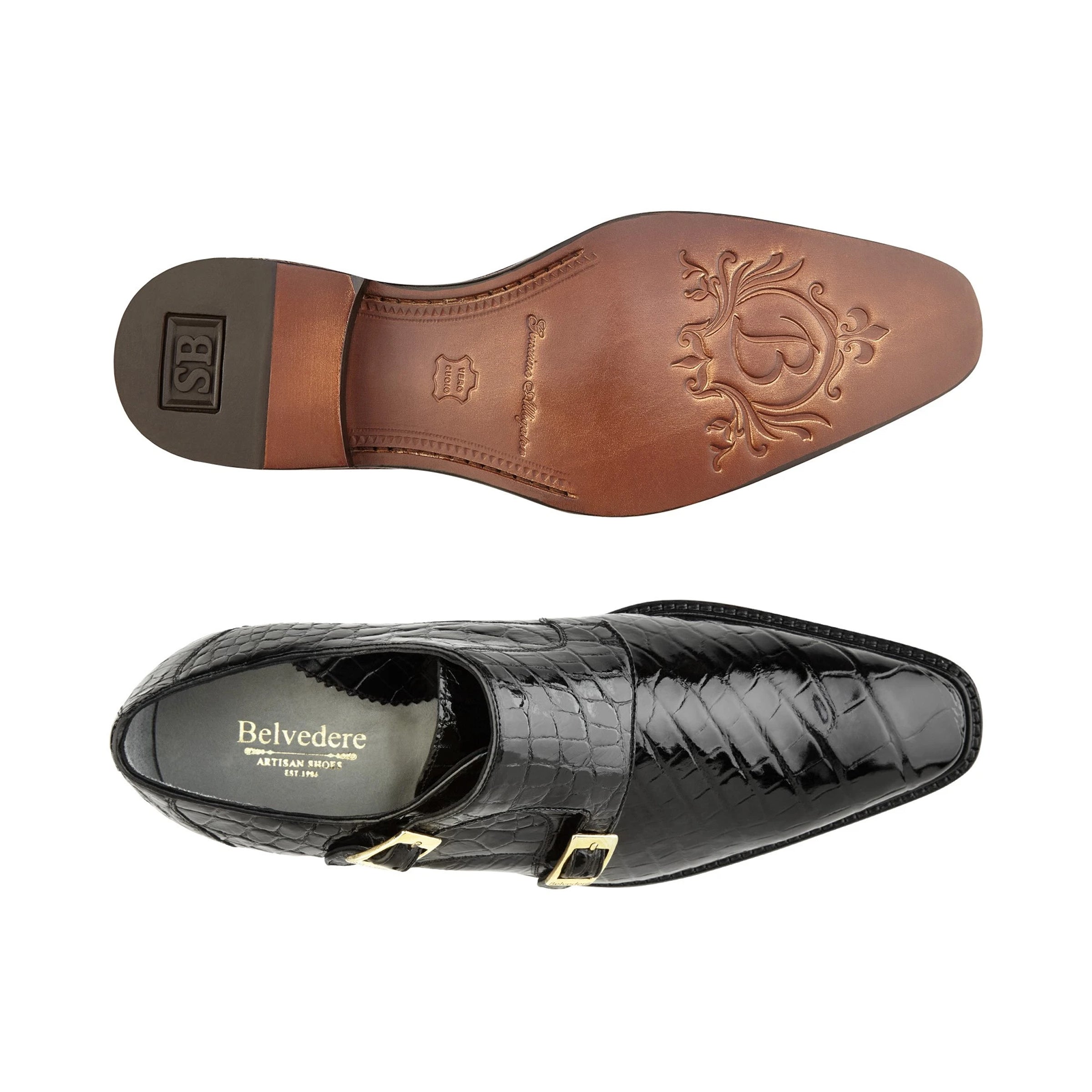 Mens Belvedere Oscar Alligator Double Monk Strap Dress Shoe in Brown - 9