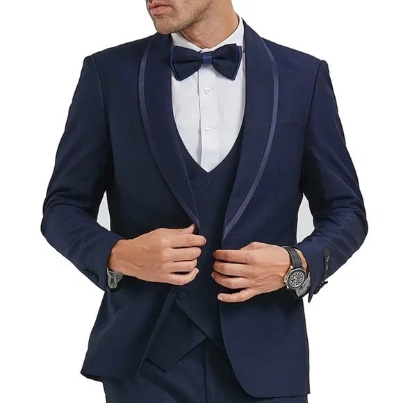 New Tazio Birdseye Textured Blue Tuxedo | Shawl Collar Satin Trim 3-Piece - 38 Short Jacket+32 Waist Adjustable 28to34)(Height: 5 4 to5 7 )(Neck 15-16.5)S-M)