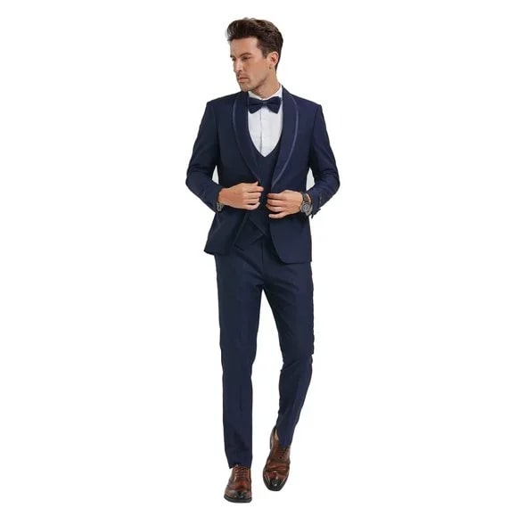 New Tazio Birdseye Textured Blue Tuxedo | Shawl Collar Satin Trim 3-Piece - 38 Short Jacket+32 Waist Adjustable 28to34)(Height: 5 4 to5 7 )(Neck 15-16.5)S-M)