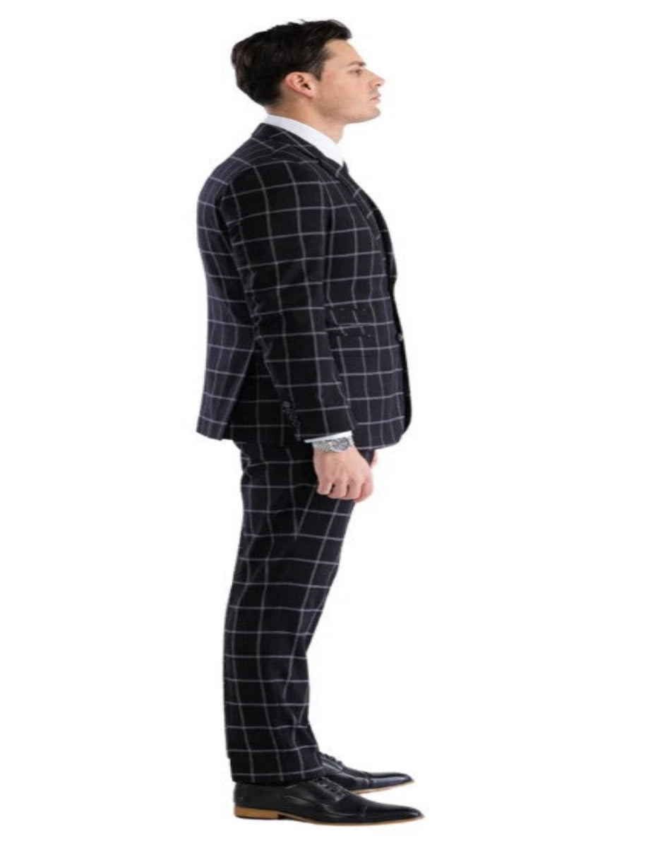 Mens Plaid Suit - Windowpane Pattern With Vest - Business Suit Black - Coat Size 38