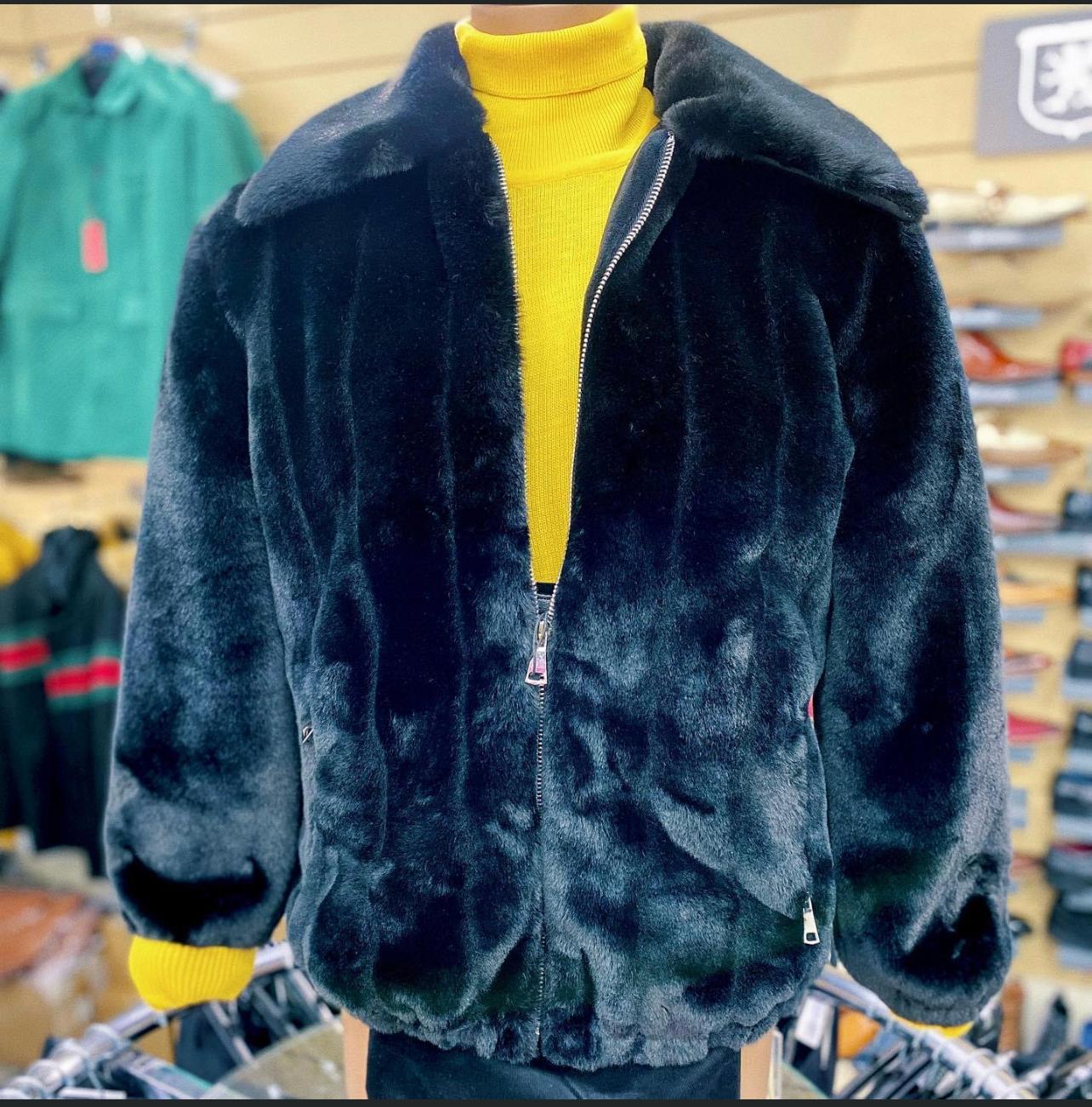 Mens Black Faux Fur Jacket – Luxury Winter Zip-Up Coat with Soft Plush Finish - S