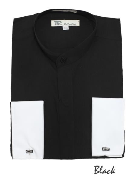 Fashion Hidden Button French Cuff Mandarin Collarless Dress Shirt Preacher Round Style Black Men's Dress Shirt - 16" Neck / 34-35" Sleeve