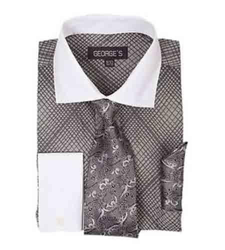 Checker French Cuff Set White Collar Two Toned Contrast Tie Handkerchief Varies Colors Men's Dress Shirt