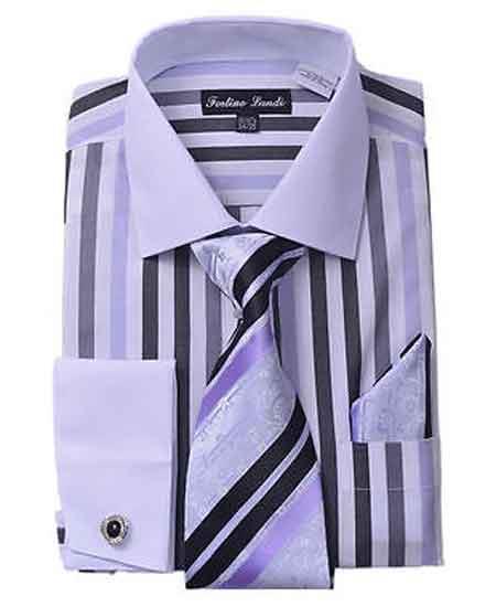 Classic Fit French Cuff Striped Black Shirt With Matching Tie And Hanky White Collar Two Toned Contrast Men's Dress Shirt