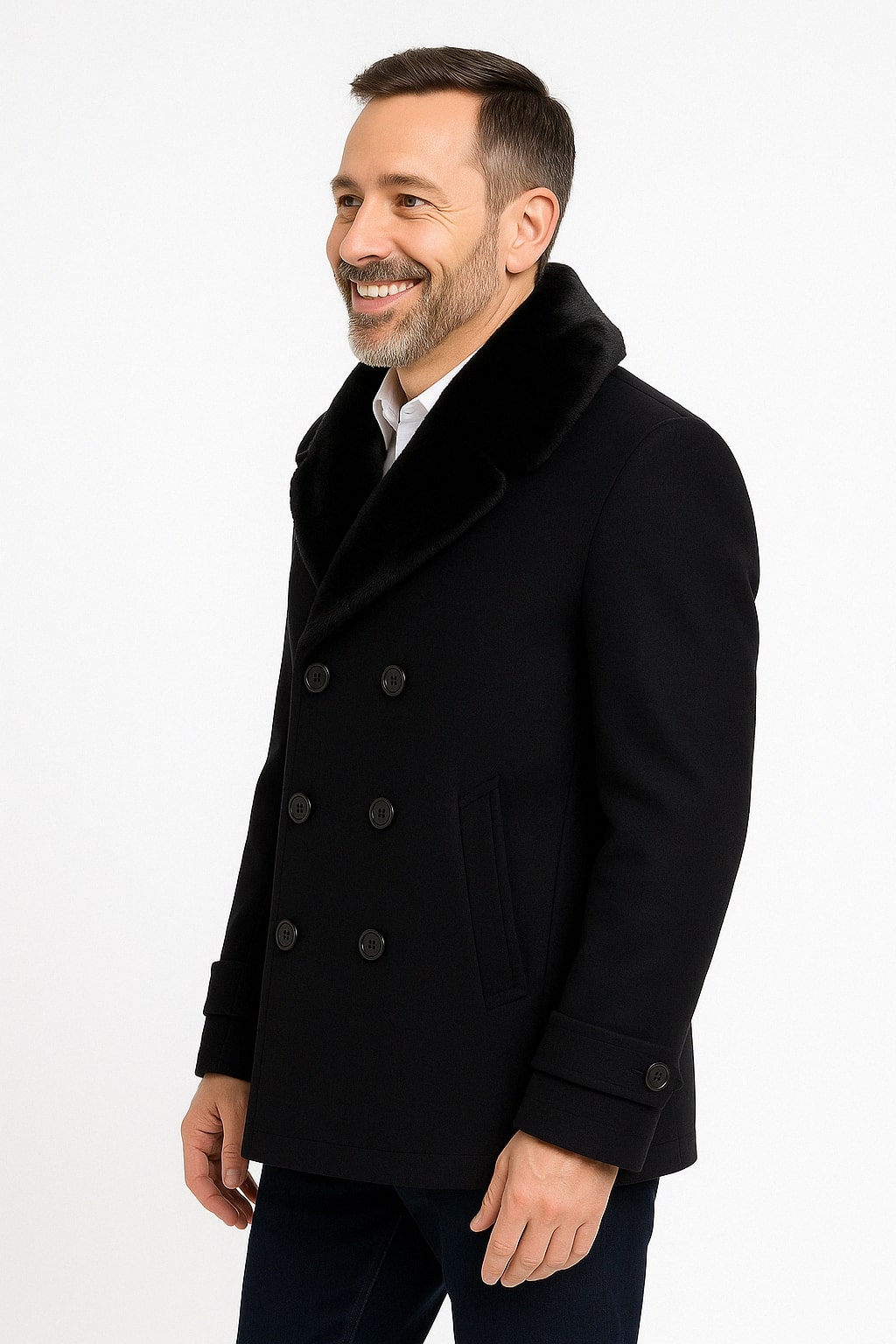 Mens Black Peacoat Wool Overcoat with Faux Fur Shawl Collar – Double-Breasted Winter Peacoat - Coat Size 38