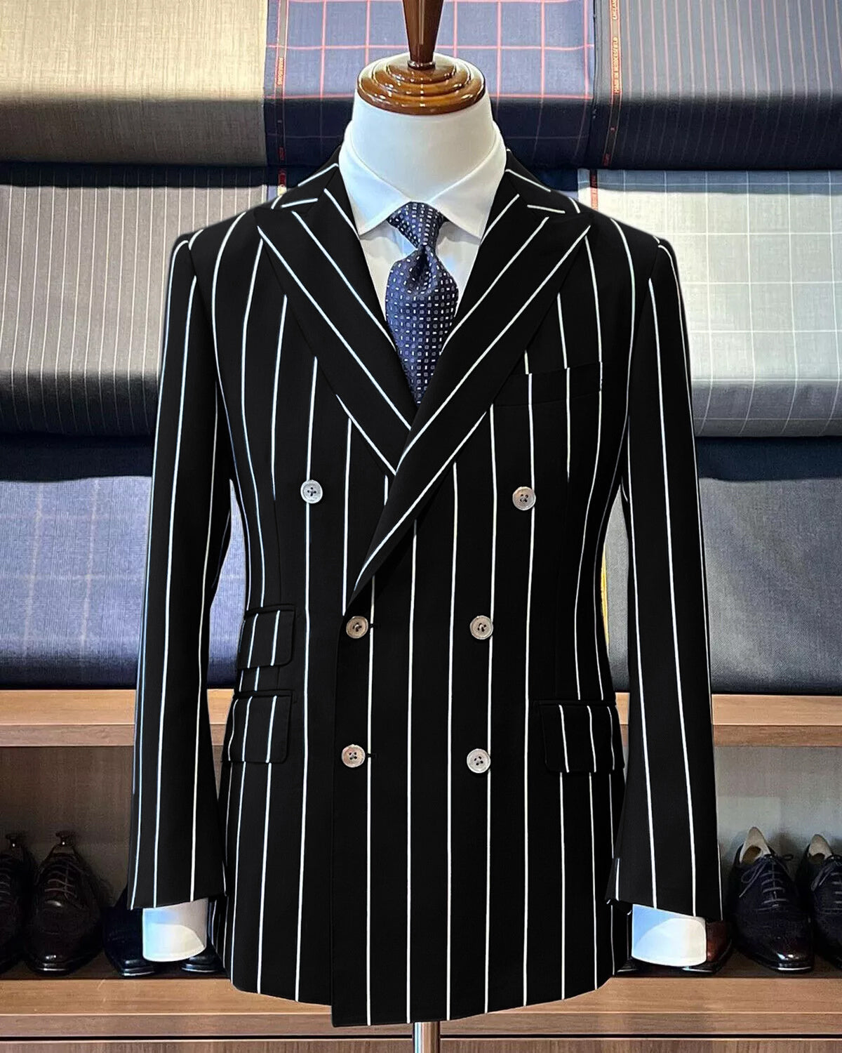 Black Pinstripe Suit - Gangster Suit - 1920's Suit - Double Breasted Suit - Coat Size 38