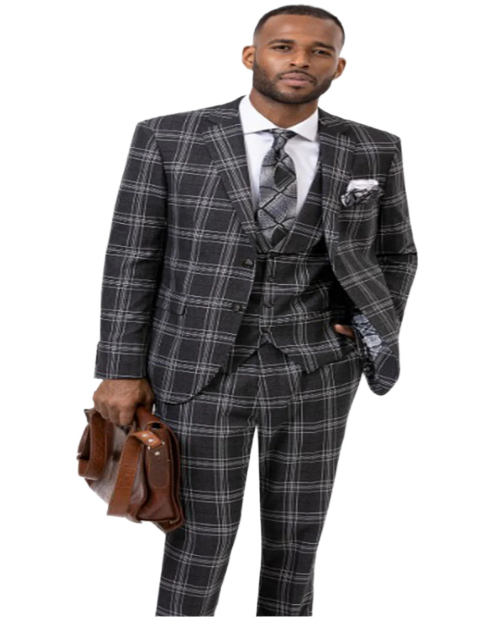 Black Windowpane Pane Suit - Mens Vested 3 Piece Suit - Gangster 1920s Style - 34 Short or Extra Small