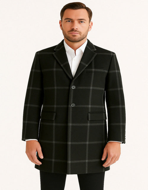 Mens Black Windowpane Wool Overcoat Big Plaid Pattern Classic Checkered CarCoat