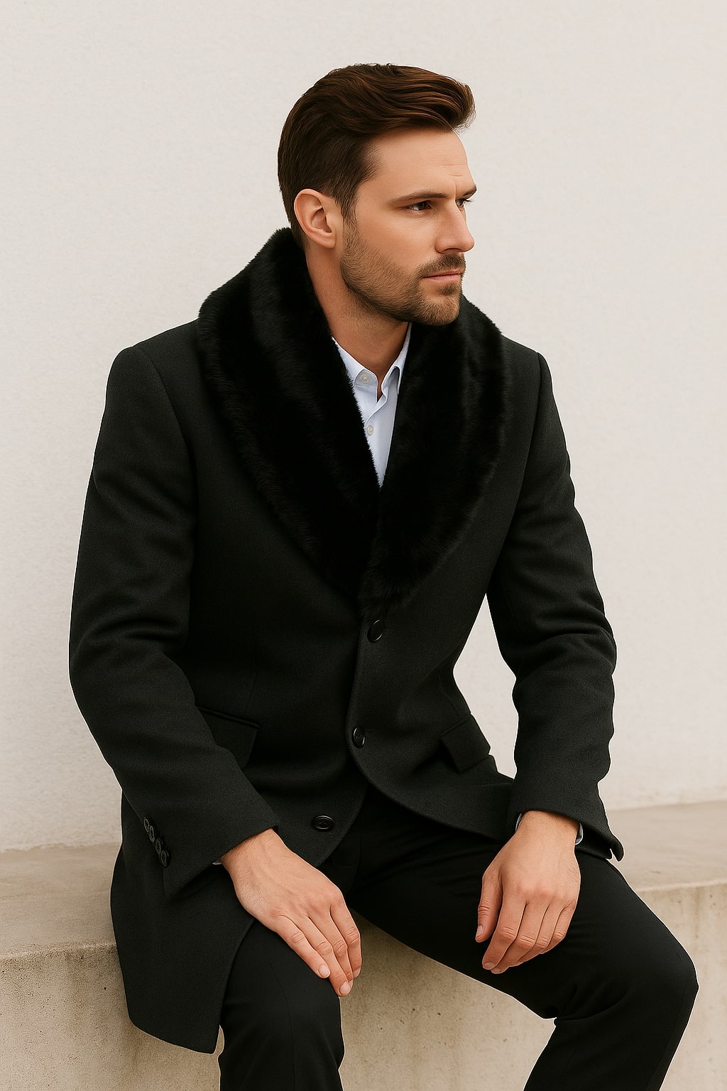 Mens Black Wool Overcoat with Black Faux Fur Collar – Luxury Winter Dress Coat - Coat Size 38