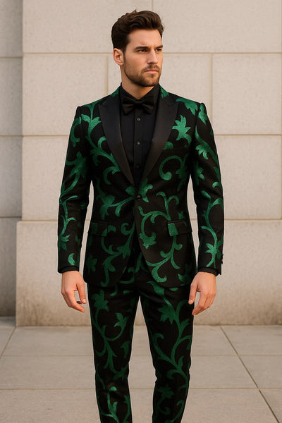 Mens Black and Emerald Green Velvet Floral Tuxedo Suit Slim Fit 2 Piece Formalwear for Weddings and Events Slim Fitted