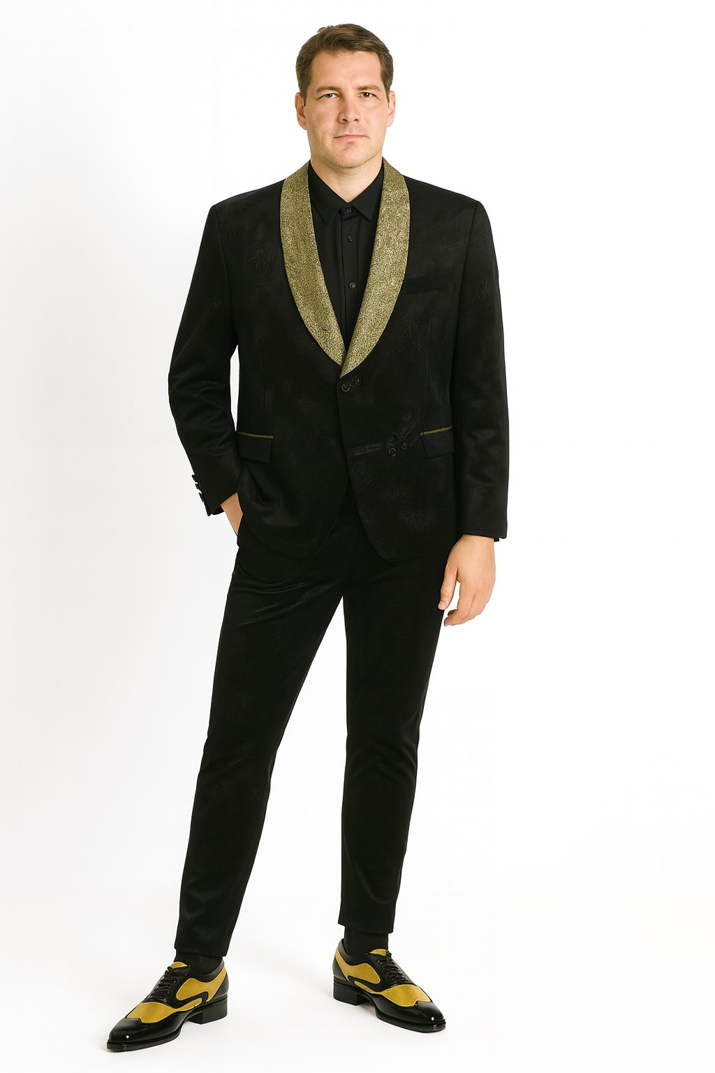 Mens Black and Gold Jacquard Tuxedo Blazer Luxury Shawl Collar Wedding and Party Smoking Jacket