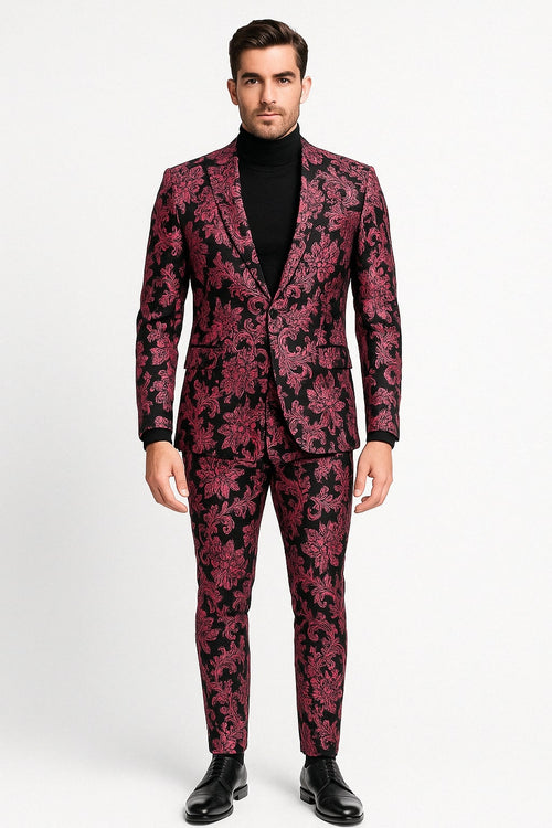 Mens Black and Pink Floral Tuxedo Suit Magento Fucia Plumish Color Slim Fit 2 Piece Embroidered Outfit for Weddings, Prom and Formal Events