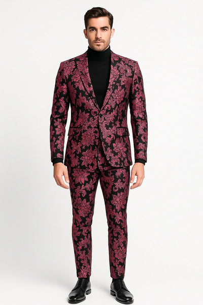 Mens Black and Pink Floral Tuxedo Suit Magento Fucia Plumish Color Slim Fit 2 Piece Embroidered Outfit for Weddings, Prom and Formal Events