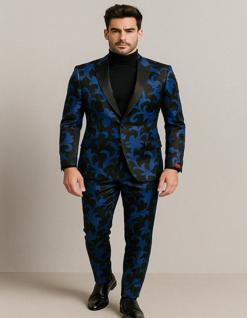 Mens Black and Royal Blue Floral Tuxedo Suit wSlim Fit 2 Piece Velvet Embroidered Outfit for Weddings, Prom, and Formal Events