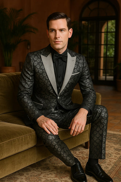 Black and Silver Floral Tuxedo Suit for Men Luxury Two-Piece Formal Suit with Satin Lapel and Bow Tie