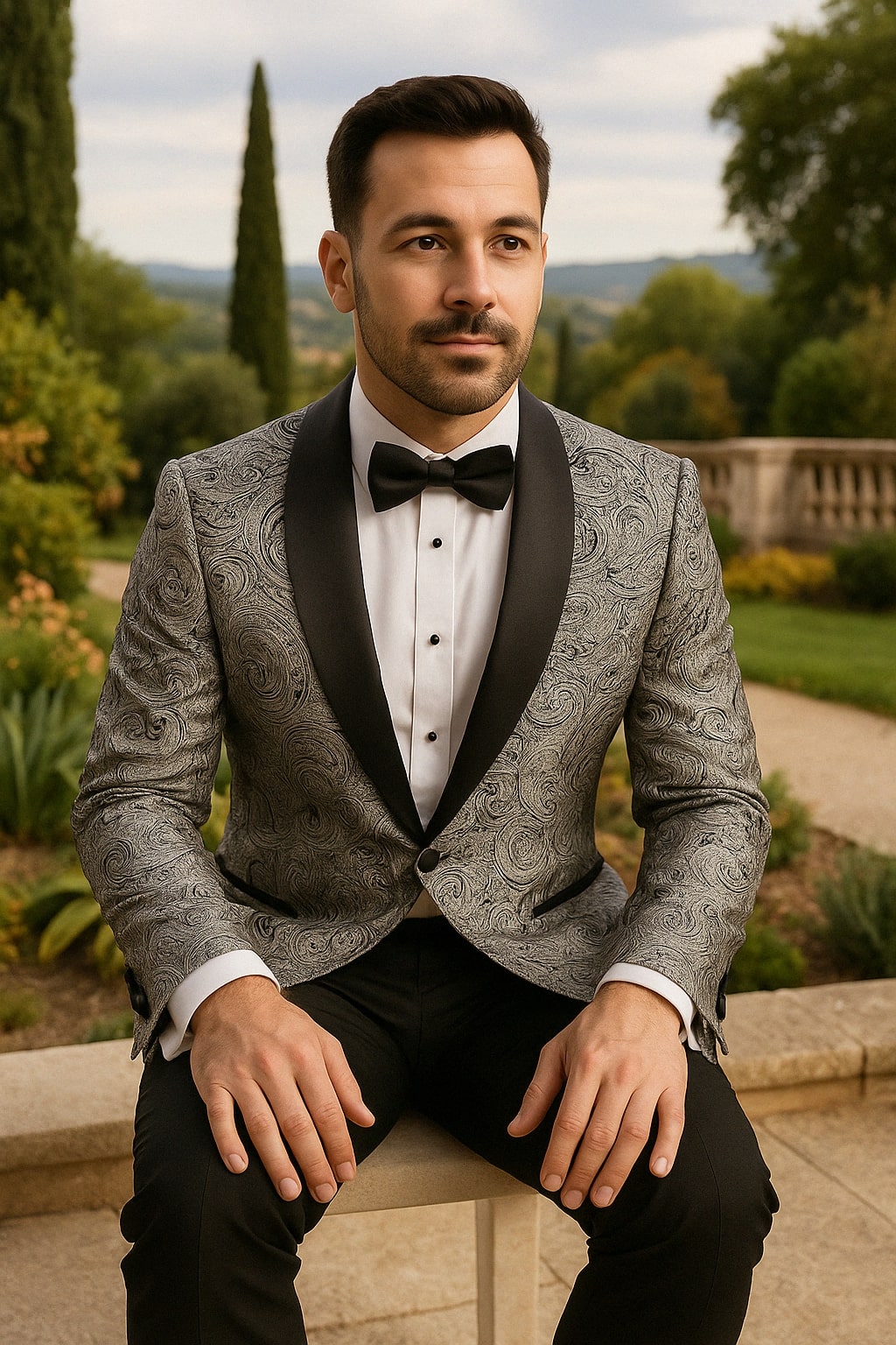 Mens Black and Silver Paisley Tuxedo with Satin Lapel and Bow Tie – Formal Party Suit - 34 Short or Extra Small