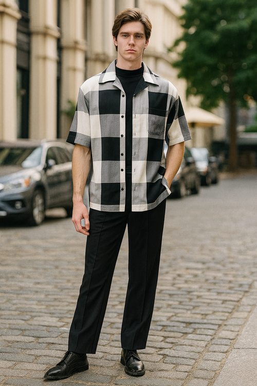 Mens Black and White Checkered Short Sleeve Shirt Set Casual Two-Piece Summer Outfit