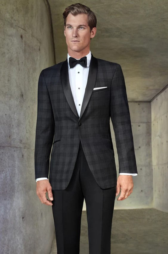 Mens Black Plaid Tuxedo Jacket Slim Fit Black with Grey Plaid Pattern Tuxedo - 40 Regular Jacket+34 Waist Adjust 30to36)Height: 5'7"-6')(Neck 15.5-17:M