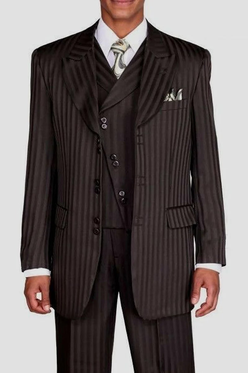 Mens Vested Wide Peak Lapel Ton on Ton Stripe Fashion Suit in Black - 38 Short Jacket+32 Waist Adjustable 28to34)(Height: 5 4 to5 7 )(Neck 15-16.5)S-M)