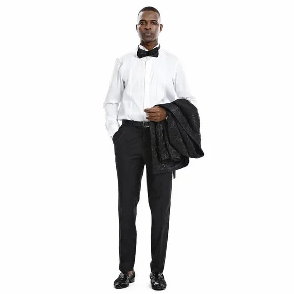 Knot Side Textured Paisley 2pc Tuxedo, Black - 38 Short Jacket+32 Waist Adjustable 28to34)(Height: 5 4 to5 7 )(Neck 15-16.5)S-M)