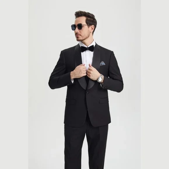 Stacy Adams 3pc Tuxedo Shawl Lapel, Black - 38 Short Jacket+32 Waist Adjustable 28to34)(Height: 5 4 to5 7 )(Neck 15-16.5)S-M)