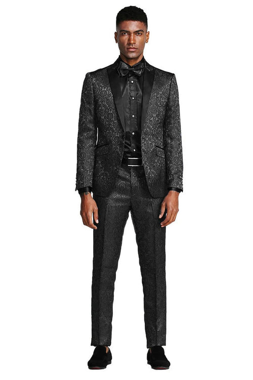 Cheap priced Suit- Men's One Button Slim Fit Paisley Wedding & Prom 2026 Black Tuxedo