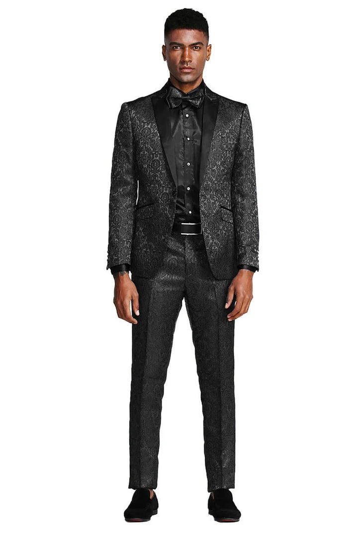 Cheap priced Suit- Men's One Button Slim Fit Paisley Wedding & Prom 2025 Black Tuxedo - 38 Short Jacket+32 Waist Adjustable 28to34)(Height: 5 4 to5 7 )(Neck  15-16.5)S-M)