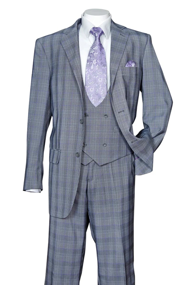 Mens 2 Button Plaid Double Breasted Fancy Scoop Vest Suit in Grey - 38 Short Jacket+32 Waist Adjustable 28to34)(Height: 5 4 to5 7 )(Neck 15-16.5)S-M)