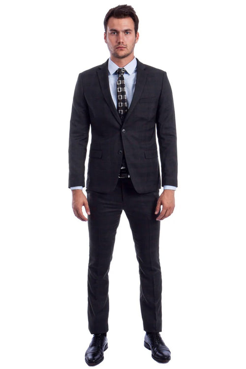 Cheap Priced Suit - Men's Two Button Vested Skinny Fit Suit With Low Cut Vest In Black Plaid