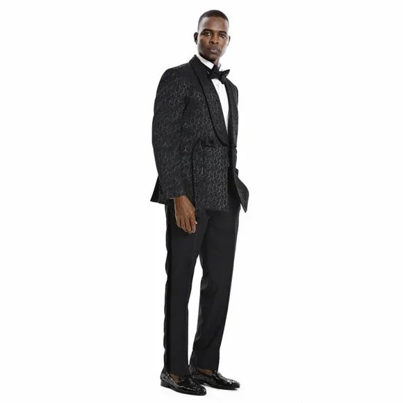 Knot Side Textured Paisley 2pc Tuxedo, Black - 38 Short Jacket+32 Waist Adjustable 28to34)(Height: 5 4 to5 7 )(Neck 15-16.5)S-M)