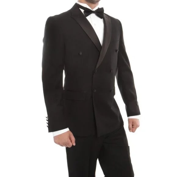 Double Breasted Black Mens Tuxedo by Bryan Michaels - 38 Short Jacket+32 Waist Adjustable 28to34)(Height: 5 4 to5 7 )(Neck 15-16.5)S-M)