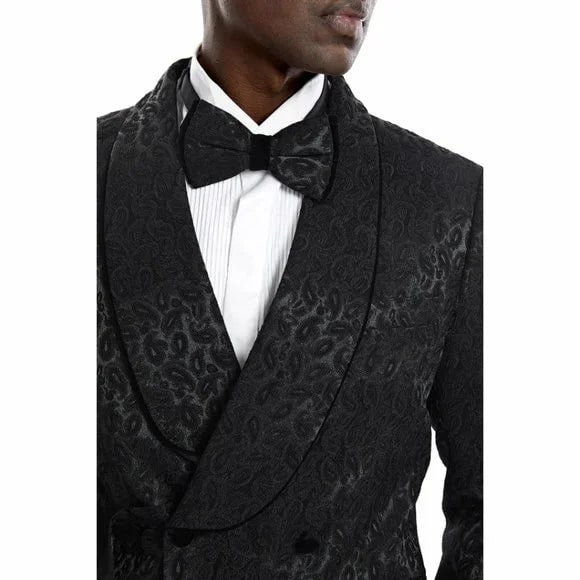 Knot Side Textured Paisley 2pc Tuxedo, Black - 38 Short Jacket+32 Waist Adjustable 28to34)(Height: 5 4 to5 7 )(Neck 15-16.5)S-M)