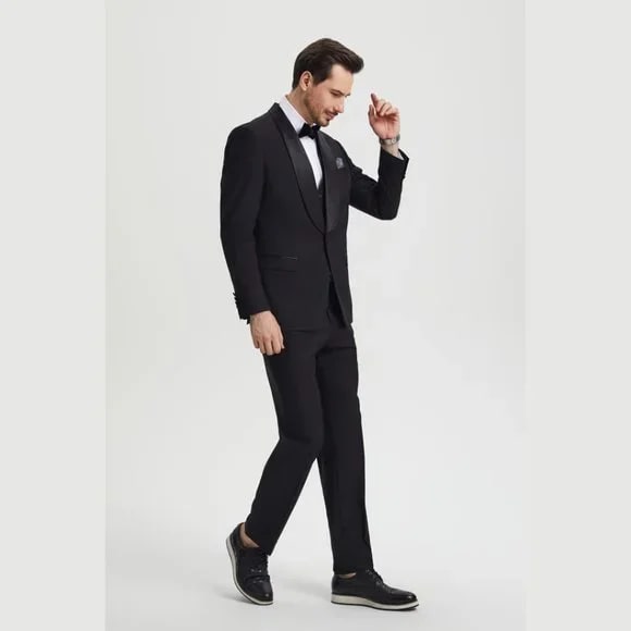 Stacy Adams 3pc Tuxedo Shawl Lapel, Black - 38 Short Jacket+32 Waist Adjustable 28to34)(Height: 5 4 to5 7 )(Neck 15-16.5)S-M)