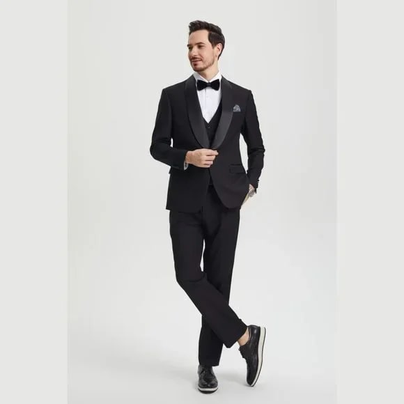 Stacy Adams 3pc Tuxedo Shawl Lapel, Black - 38 Short Jacket+32 Waist Adjustable 28to34)(Height: 5 4 to5 7 )(Neck 15-16.5)S-M)