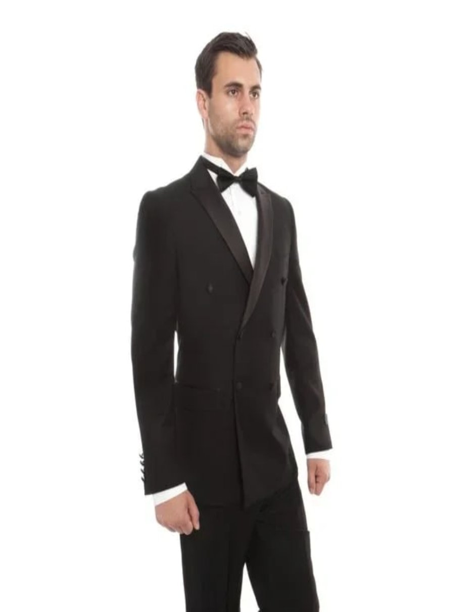 Double Breasted Black Mens Tuxedo by Bryan Michaels - 38 Short Jacket+32 Waist Adjustable 28to34)(Height: 5 4 to5 7 )(Neck 15-16.5)S-M)