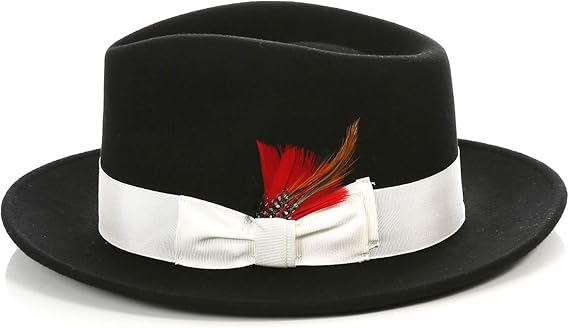 Gangster 100% Austrailian Wool Crushable Mens Fedora Hat - Removable Feather Gangster Black/White Mens Fedora Hat - Small