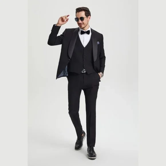 Stacy Adams 3pc Tuxedo Shawl Lapel, Black - 38 Short Jacket+32 Waist Adjustable 28to34)(Height: 5 4 to5 7 )(Neck 15-16.5)S-M)