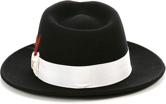 Gangster 100% Austrailian Wool Crushable Mens Fedora Hat - Removable Feather Gangster Black/White Mens Fedora Hat - Small