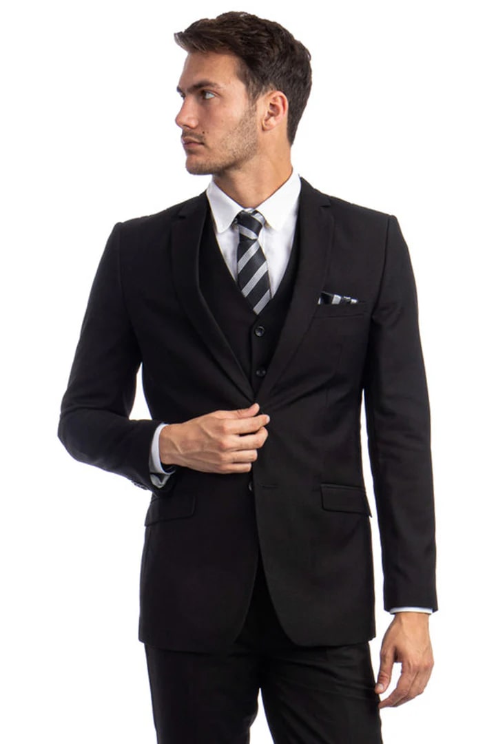 Cheap Priced Suit - Men's Two Button Basic Hybrid Fit Vested Black Suit
