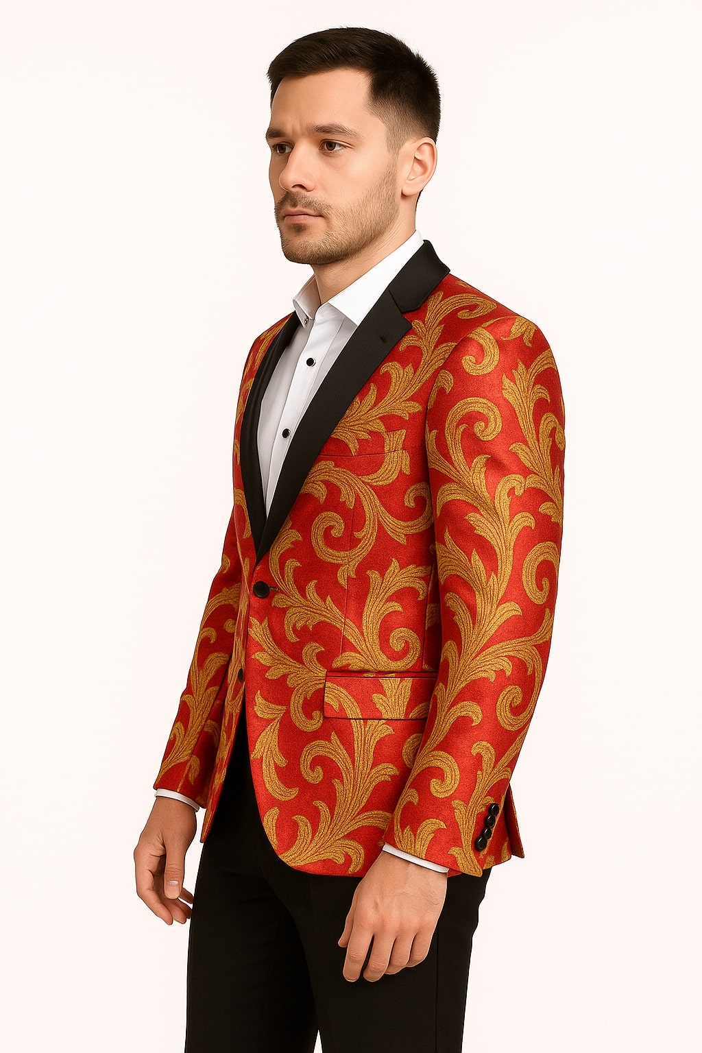 Men's Red and Gold Baroque Tuxedo Jacket with Black Satin Shawl Lapel - 34 Short or Extra Small