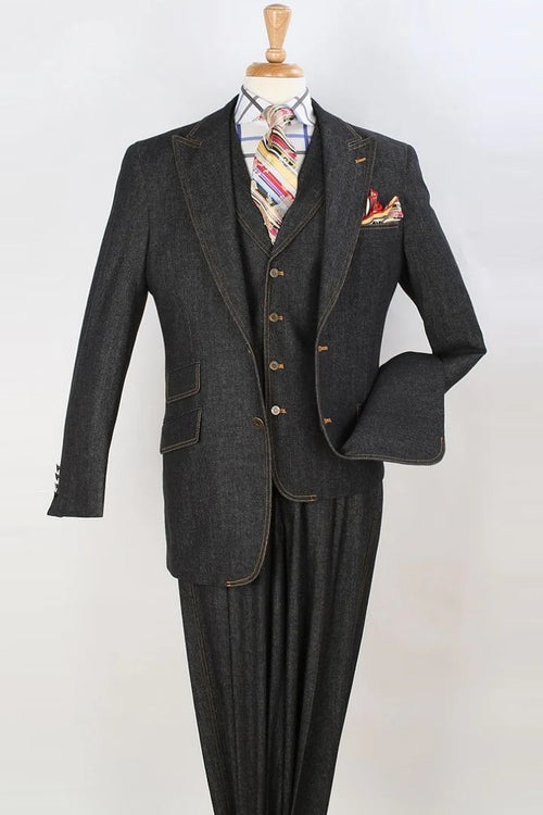 Cheap priced Suit - Mens Two Button Peak Lapel Vested Denim Black Suit