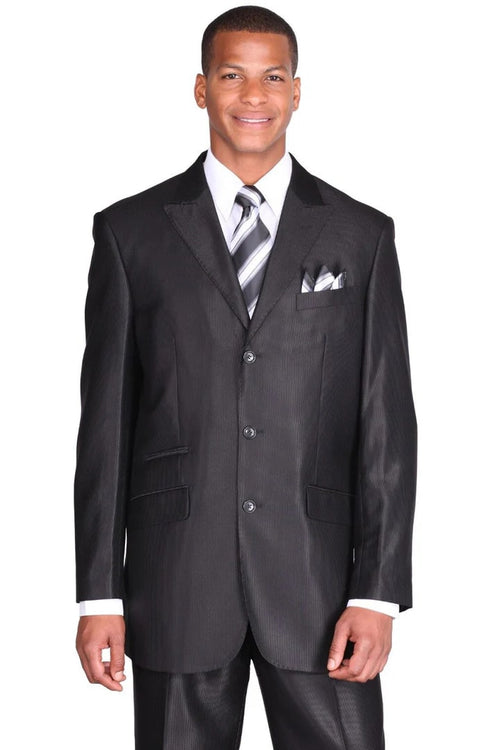 Cheap Priced Suit - Mens 3 Button Peak Lapel Shiny Sharkskin Micro Pinstripe Black Suit